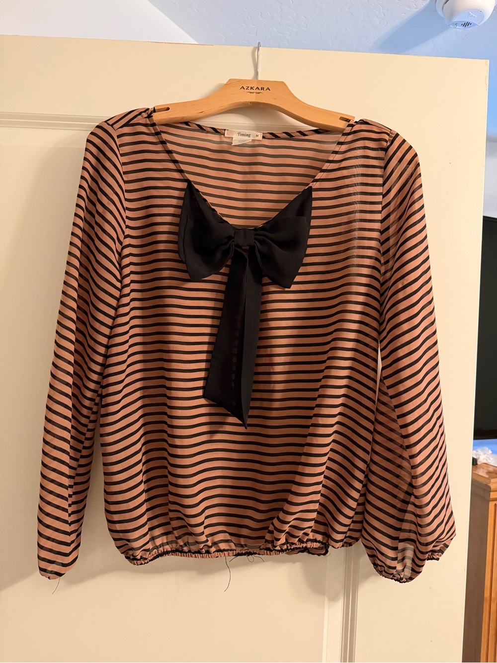 Timing Pink and Black Striped Bow-Front Blouse